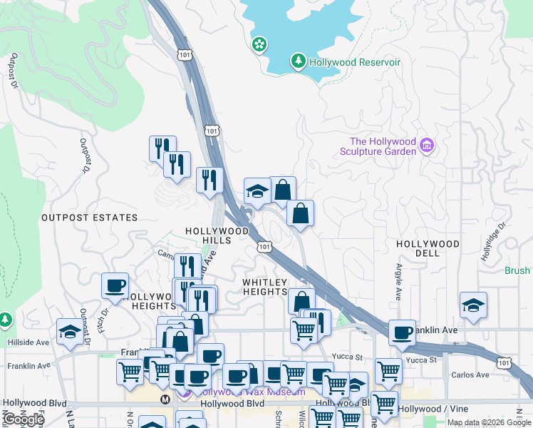 map of restaurants, bars, coffee shops, grocery stores, and more near 2255 North Cahuenga Boulevard in Los Angeles