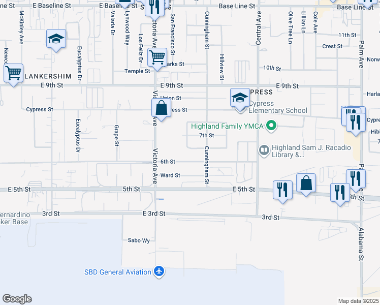 map of restaurants, bars, coffee shops, grocery stores, and more near 26633 Fleming Street in Highland