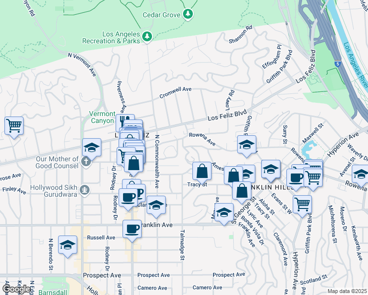 map of restaurants, bars, coffee shops, grocery stores, and more near Ben Lomond Drive & Ben Lomond Place in Los Angeles