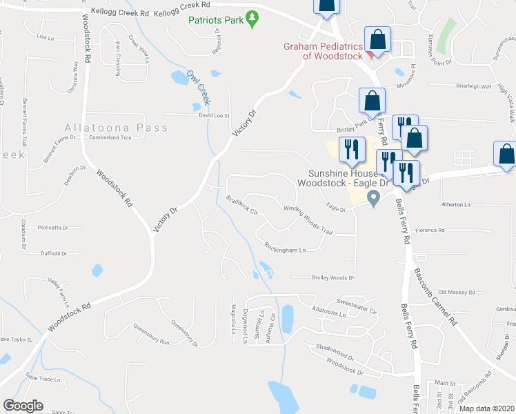 map of restaurants, bars, coffee shops, grocery stores, and more near 1020 Braddock Circle in Woodstock