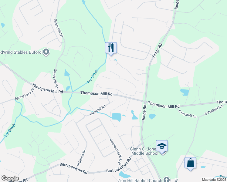 map of restaurants, bars, coffee shops, grocery stores, and more near 3440 Deaton Trail in Buford