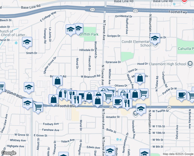 map of restaurants, bars, coffee shops, grocery stores, and more near 1128 West Briarcroft Road in Claremont