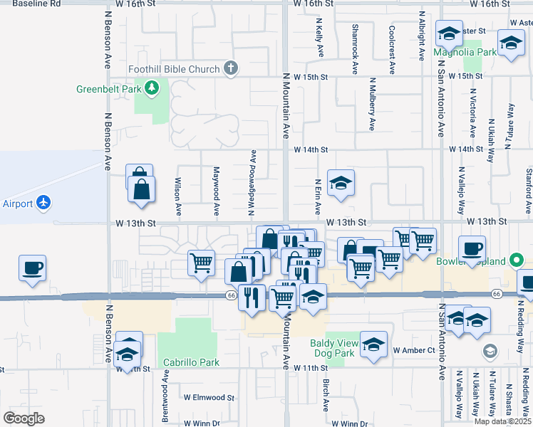 map of restaurants, bars, coffee shops, grocery stores, and more near 1263 West Sandra Court in Upland