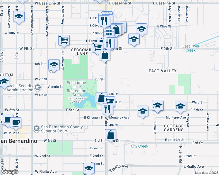 map of restaurants, bars, coffee shops, grocery stores, and more near 697 North Waterman Avenue in San Bernardino
