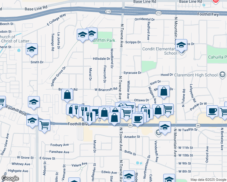map of restaurants, bars, coffee shops, grocery stores, and more near 1128 West Briarcroft Road in Claremont