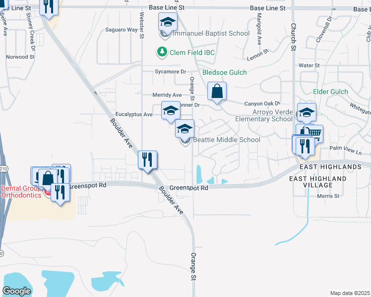 map of restaurants, bars, coffee shops, grocery stores, and more near 7800 Orange Street in Highland