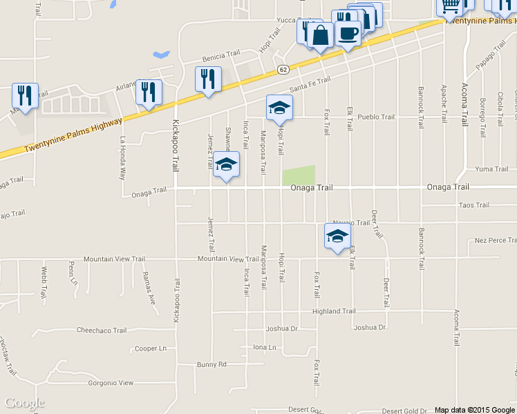 map of restaurants, bars, coffee shops, grocery stores, and more near 7754 Mariposa Trail in Yucca Valley