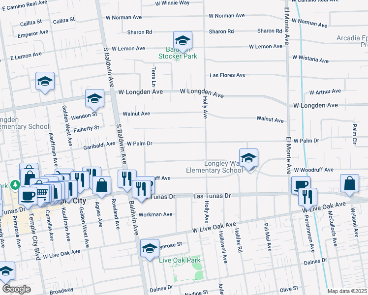 map of restaurants, bars, coffee shops, grocery stores, and more near 429 West Palm Drive in Arcadia