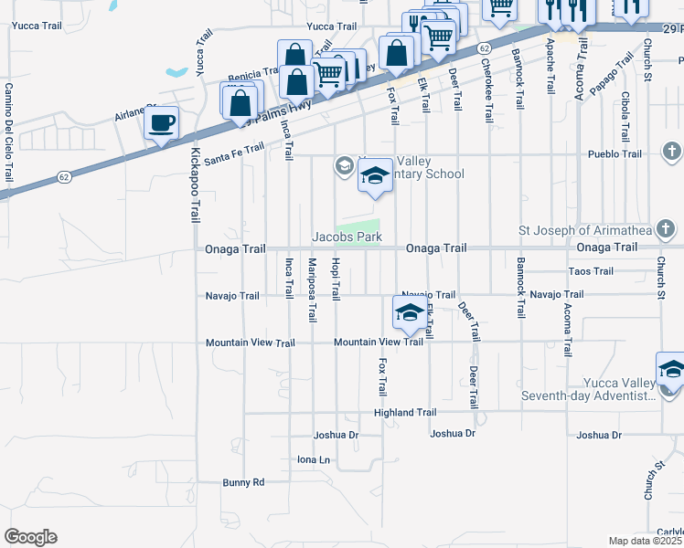 map of restaurants, bars, coffee shops, grocery stores, and more near 7747 Hopi Trail in Yucca Valley