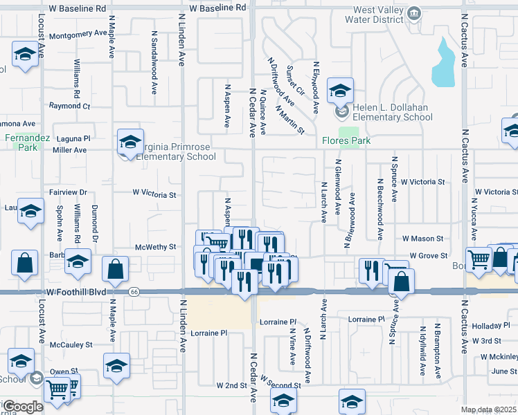 map of restaurants, bars, coffee shops, grocery stores, and more near 632 North Quince Avenue in Rialto