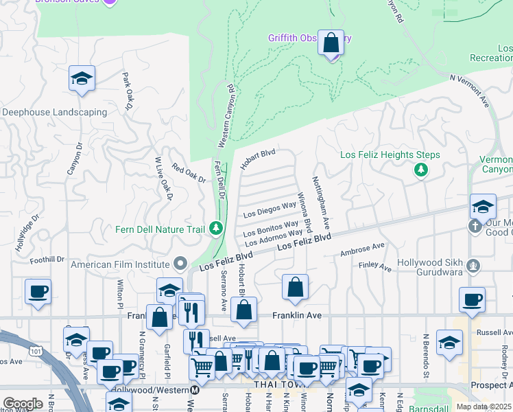 map of restaurants, bars, coffee shops, grocery stores, and more near 5250 Los Franciscos Way in Los Angeles