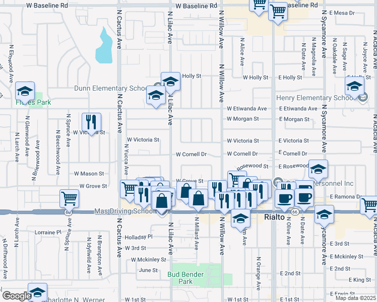 map of restaurants, bars, coffee shops, grocery stores, and more near 432 West Cornell Drive in Rialto
