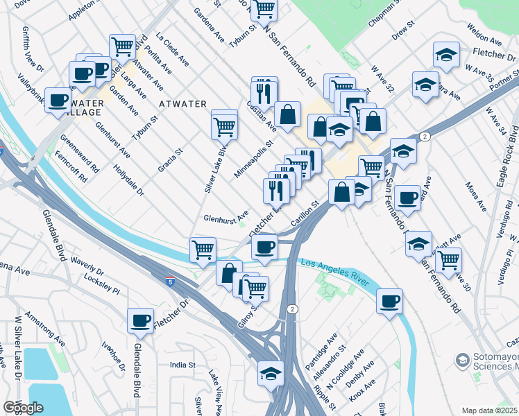map of restaurants, bars, coffee shops, grocery stores, and more near 3119 Larga Avenue in Los Angeles