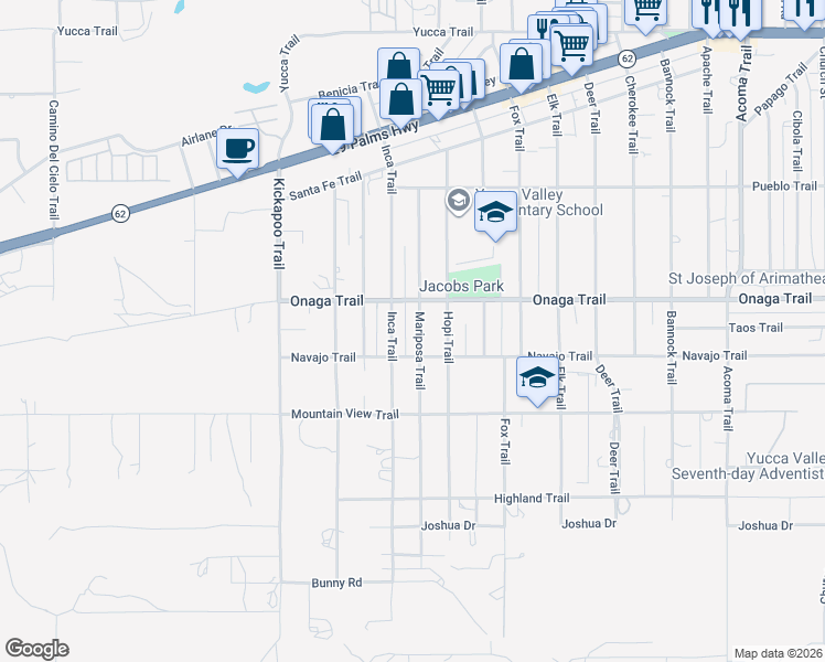 map of restaurants, bars, coffee shops, grocery stores, and more near 7754 Mariposa Trail in Yucca Valley