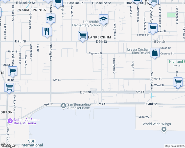 map of restaurants, bars, coffee shops, grocery stores, and more near 7862 Lankershim Avenue in Highland