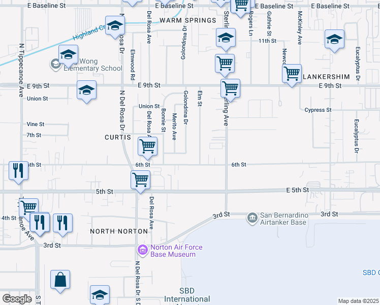 map of restaurants, bars, coffee shops, grocery stores, and more near 7867 Golondrina Drive in San Bernardino