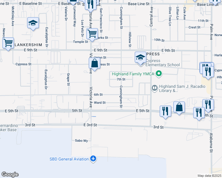 map of restaurants, bars, coffee shops, grocery stores, and more near 26633 Fleming Street in Highland
