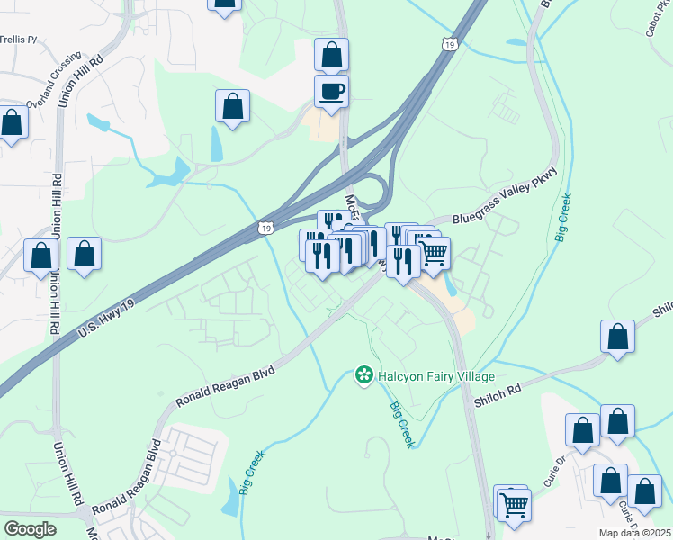 map of restaurants, bars, coffee shops, grocery stores, and more near 6640 Town Square in Alpharetta