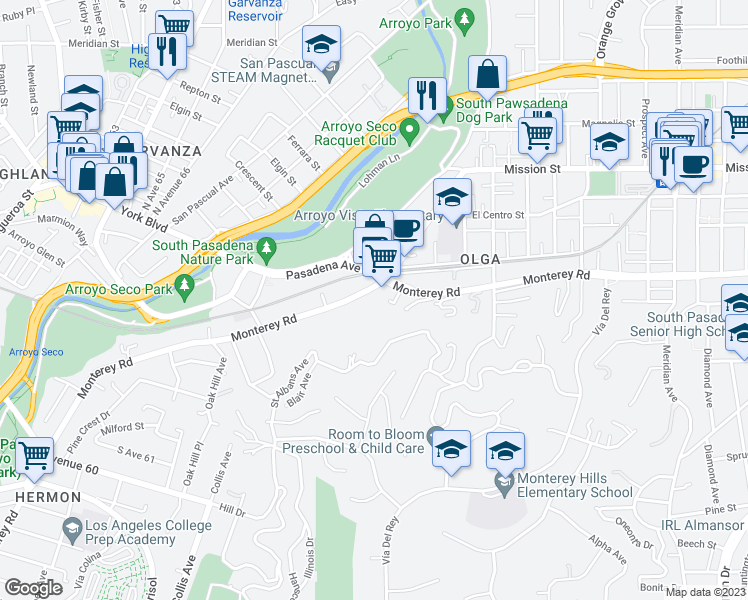 map of restaurants, bars, coffee shops, grocery stores, and more near 301 Monterey Road in South Pasadena