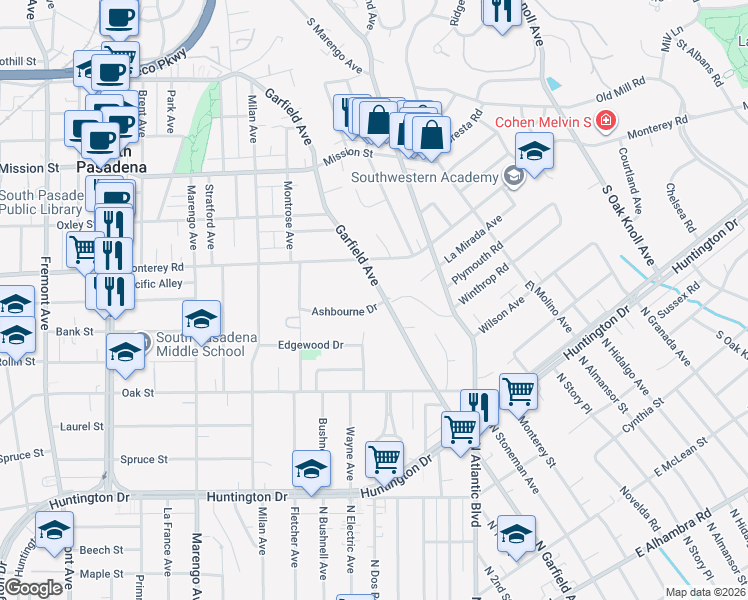 map of restaurants, bars, coffee shops, grocery stores, and more near 1305 Garfield Avenue in South Pasadena