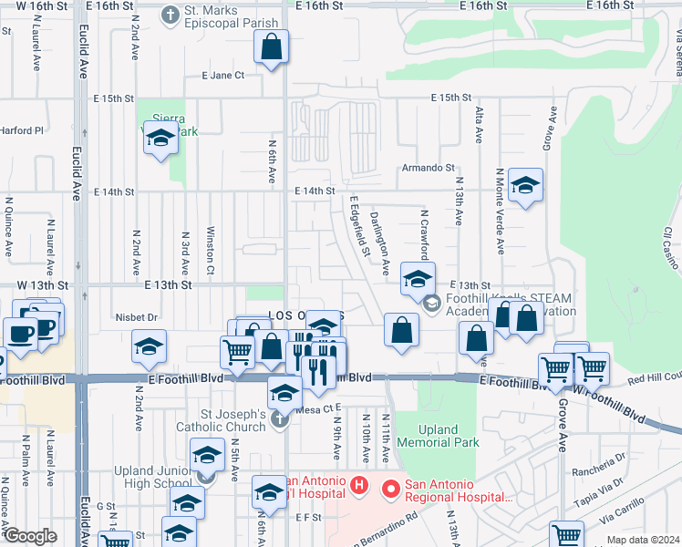 map of restaurants, bars, coffee shops, grocery stores, and more near 929 East Foothill Boulevard in Upland