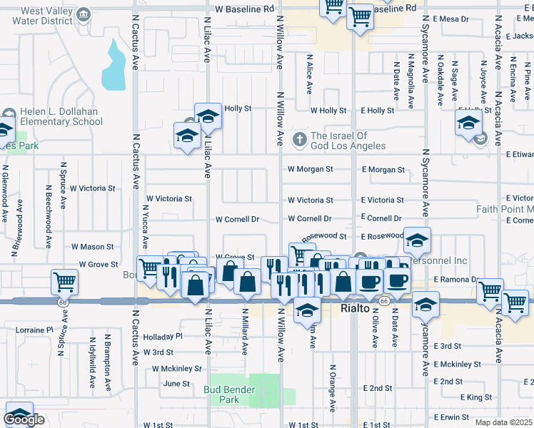 map of restaurants, bars, coffee shops, grocery stores, and more near 636 North Willow Avenue in Rialto