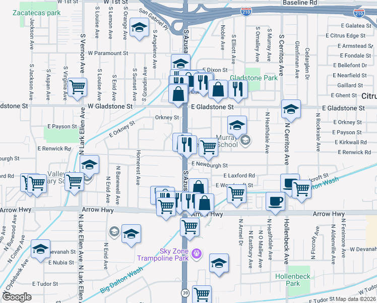 map of restaurants, bars, coffee shops, grocery stores, and more near 2 South Azusa Avenue in Azusa