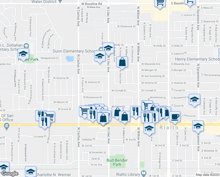 map of restaurants, bars, coffee shops, grocery stores, and more near 660 North Lilac Avenue in Rialto