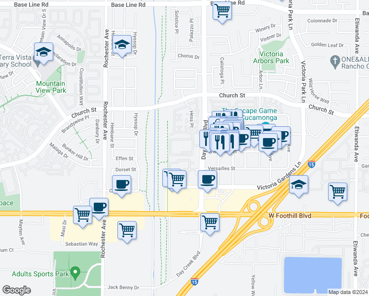 map of restaurants, bars, coffee shops, grocery stores, and more near 7828 Day Creek Boulevard in Rancho Cucamonga