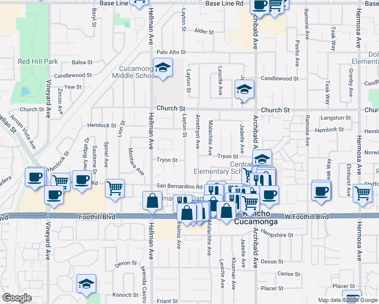 map of restaurants, bars, coffee shops, grocery stores, and more near 7850 Amethyst Avenue in Rancho Cucamonga