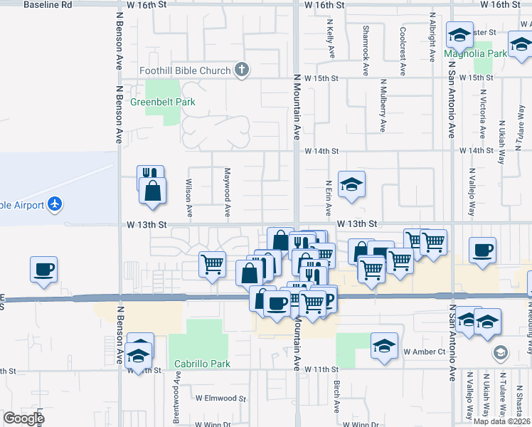 map of restaurants, bars, coffee shops, grocery stores, and more near 1263 West Sandra Court in Upland