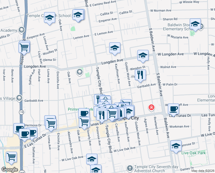 map of restaurants, bars, coffee shops, grocery stores, and more near 6137 Camellia Avenue in Temple City