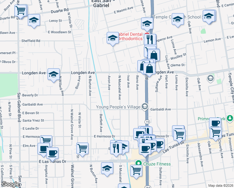map of restaurants, bars, coffee shops, grocery stores, and more near 6208 North Muscatel Avenue in San Gabriel