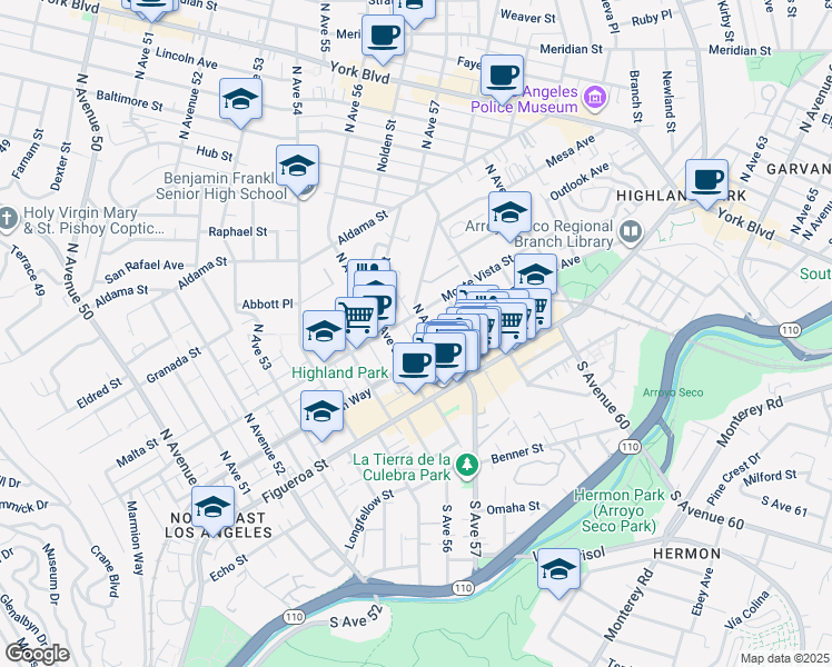 map of restaurants, bars, coffee shops, grocery stores, and more near 227 North Avenue 57 in Los Angeles