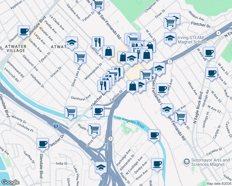 map of restaurants, bars, coffee shops, grocery stores, and more near 3049 Perlita Avenue in Los Angeles