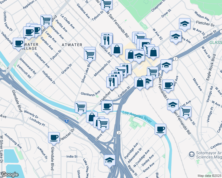 map of restaurants, bars, coffee shops, grocery stores, and more near in Los Angeles