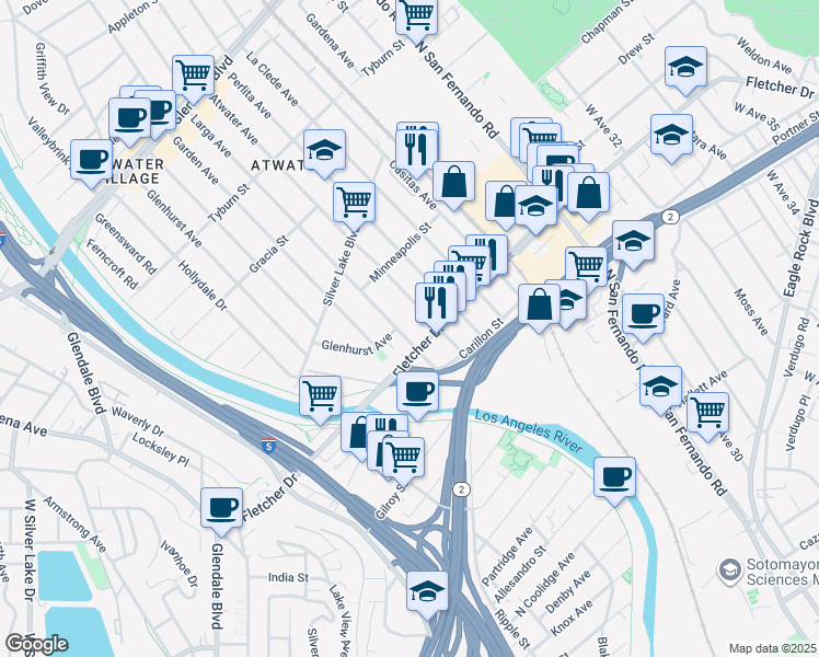 map of restaurants, bars, coffee shops, grocery stores, and more near in Los Angeles