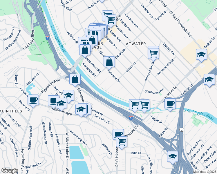 map of restaurants, bars, coffee shops, grocery stores, and more near 2943 Gracia Street in Los Angeles