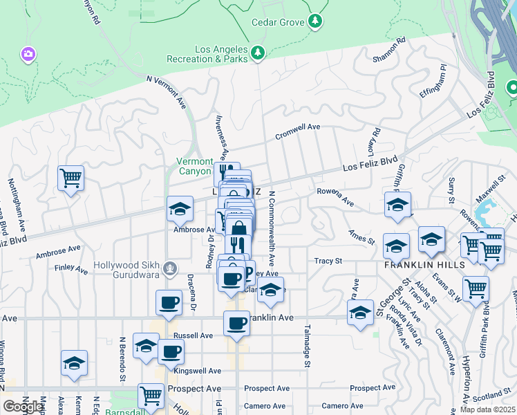 map of restaurants, bars, coffee shops, grocery stores, and more near in Los Angeles