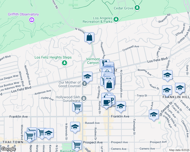 map of restaurants, bars, coffee shops, grocery stores, and more near 4609 Los Feliz Boulevard in Los Angeles