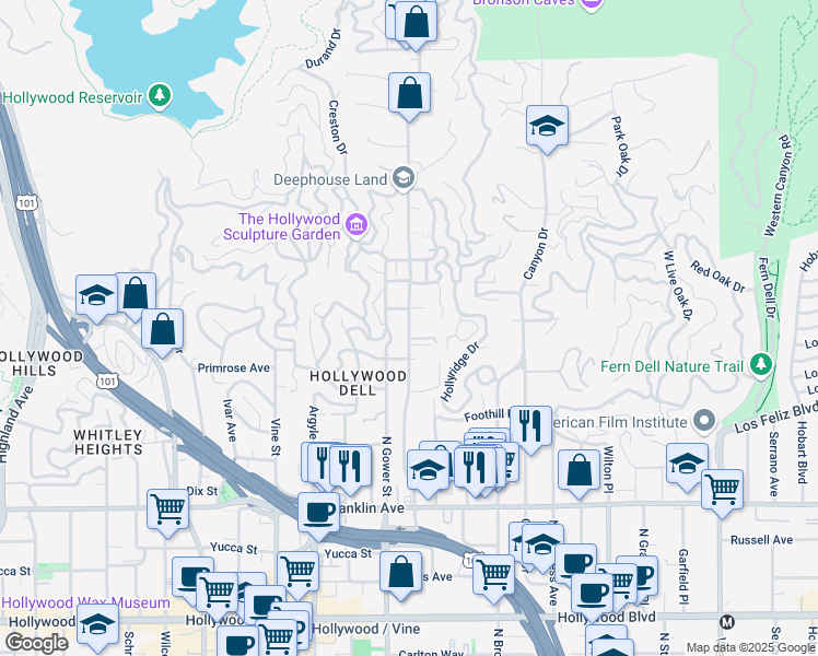 map of restaurants, bars, coffee shops, grocery stores, and more near 2254 North Beachwood Drive in Los Angeles