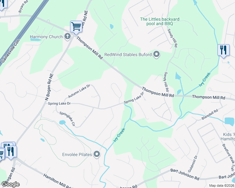 map of restaurants, bars, coffee shops, grocery stores, and more near 4282 Creekrun Circle in Buford