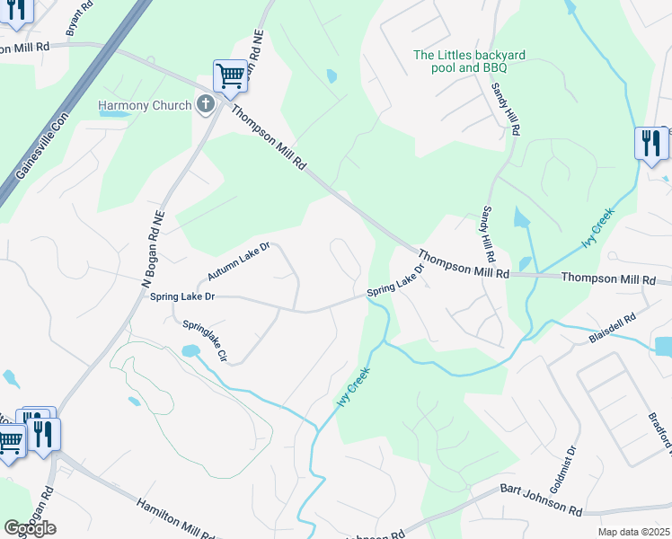 map of restaurants, bars, coffee shops, grocery stores, and more near 4273 Creekrun Circle in Buford