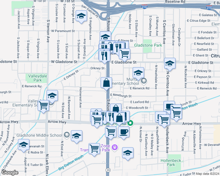 map of restaurants, bars, coffee shops, grocery stores, and more near 2 South Azusa Avenue in Azusa