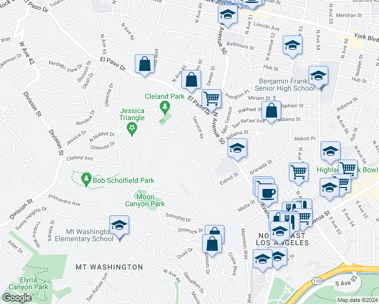 map of restaurants, bars, coffee shops, grocery stores, and more near 722 Terrace 49 in Los Angeles