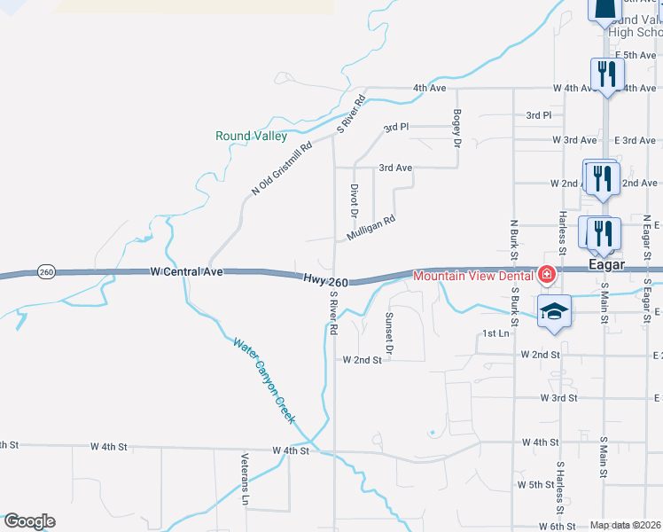 map of restaurants, bars, coffee shops, grocery stores, and more near North River Road in Eagar