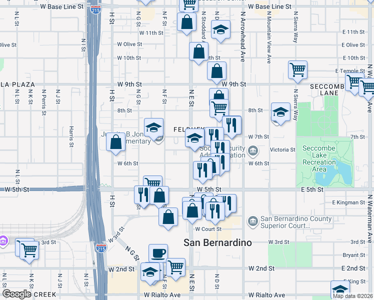 map of restaurants, bars, coffee shops, grocery stores, and more near 563 West Victoria Street in San Bernardino