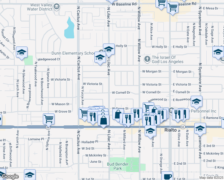 map of restaurants, bars, coffee shops, grocery stores, and more near 455 West Victoria Street in Rialto