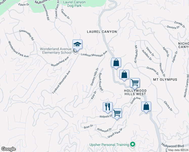map of restaurants, bars, coffee shops, grocery stores, and more near Stanley Hills Drive in Los Angeles