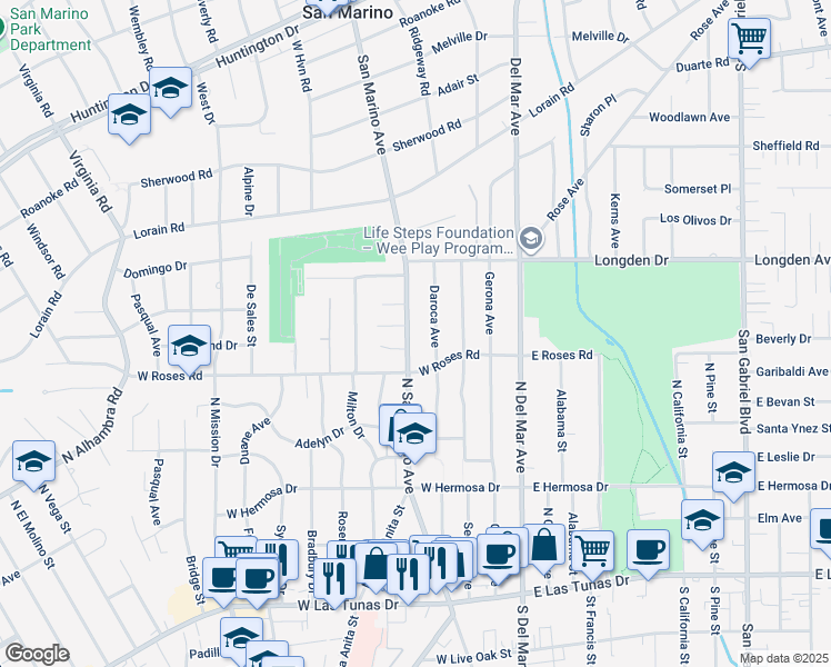 map of restaurants, bars, coffee shops, grocery stores, and more near 532 North San Marino Avenue in San Gabriel